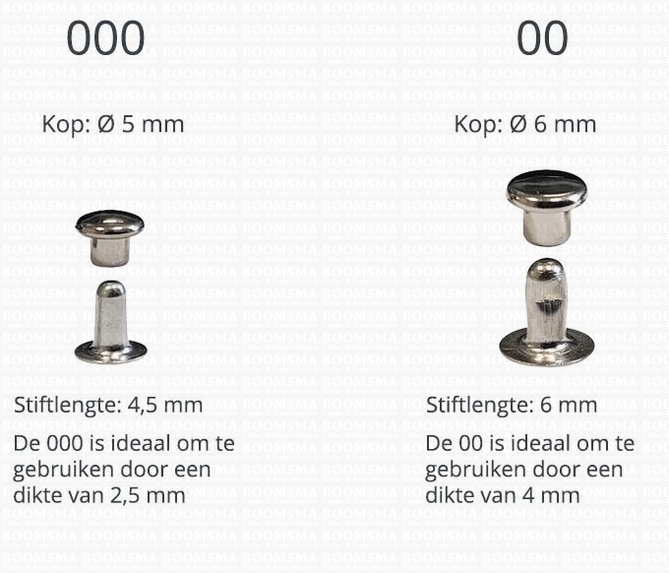 Overzicht Holnieten  enkele kop 00 en 000 zilver